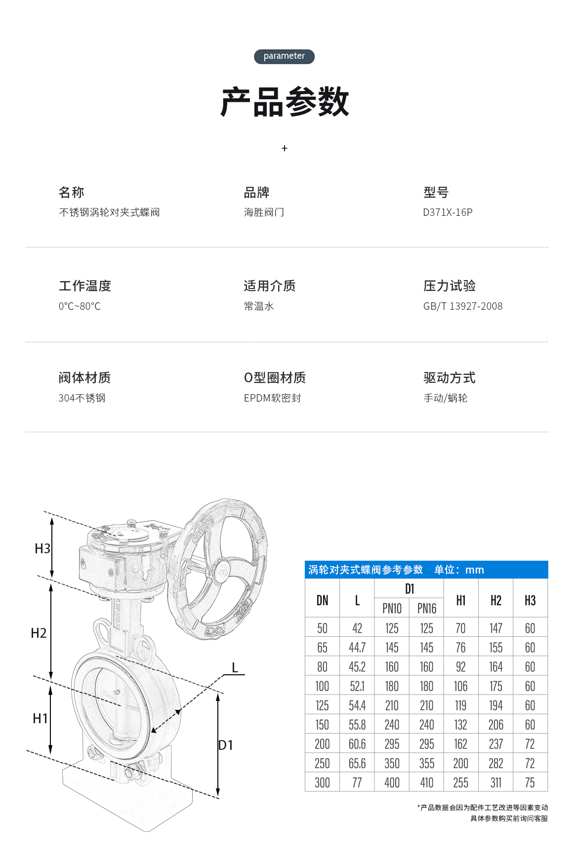 不锈钢涡轮对夹式蝶阀D371X产品参数