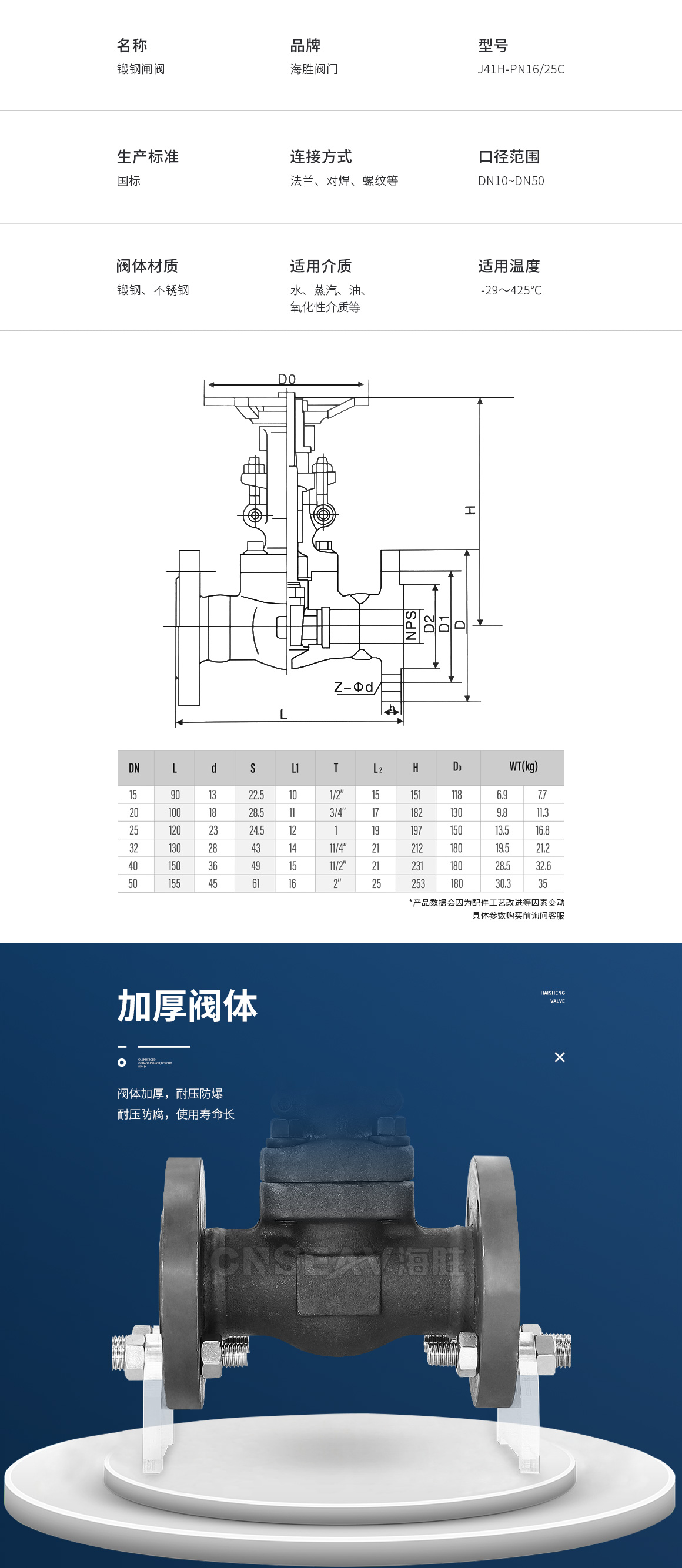 锻钢法兰闸阀J41H参数